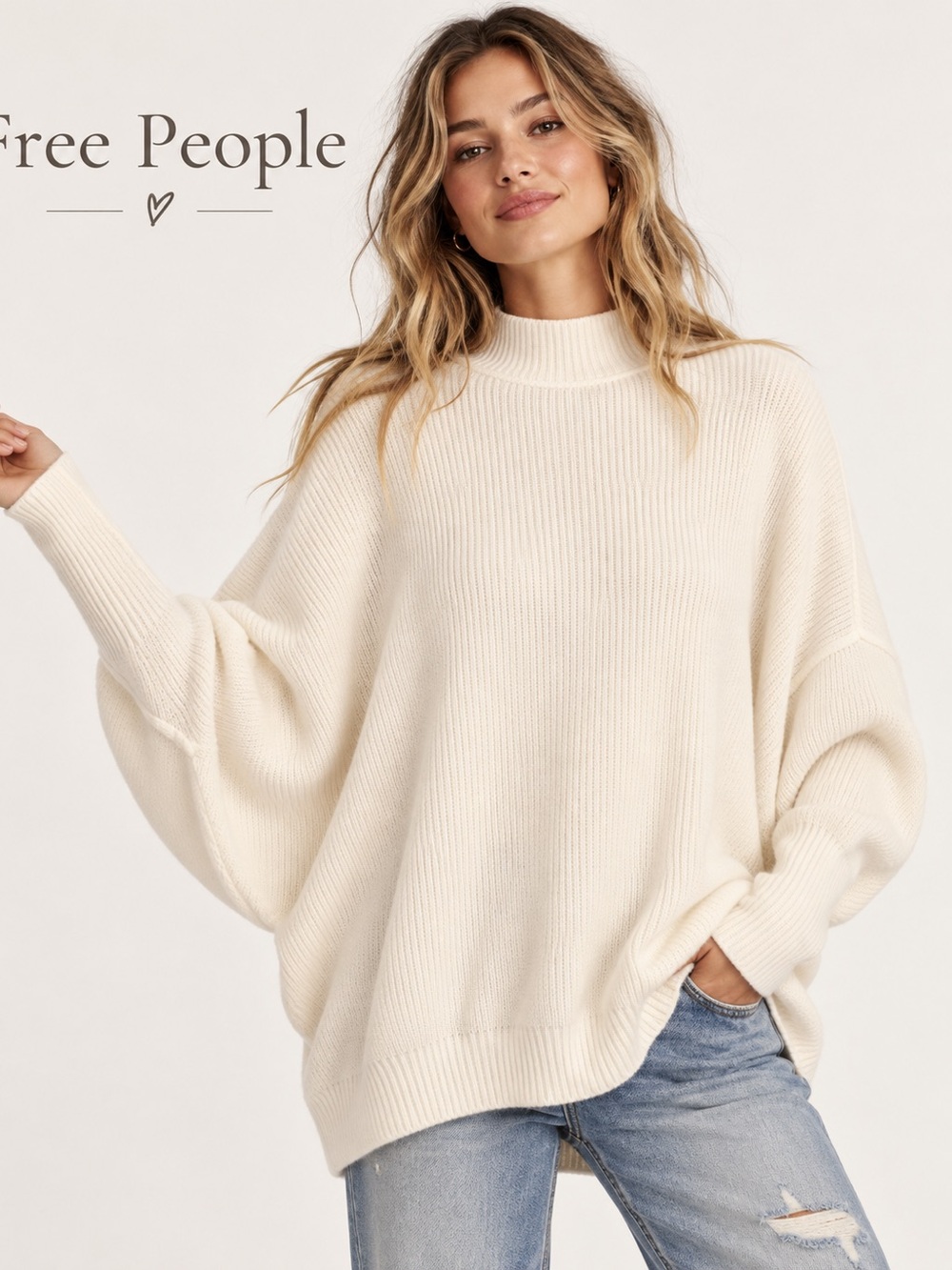 Free People Ivory Oversized Mock Neck Batwing Sweater